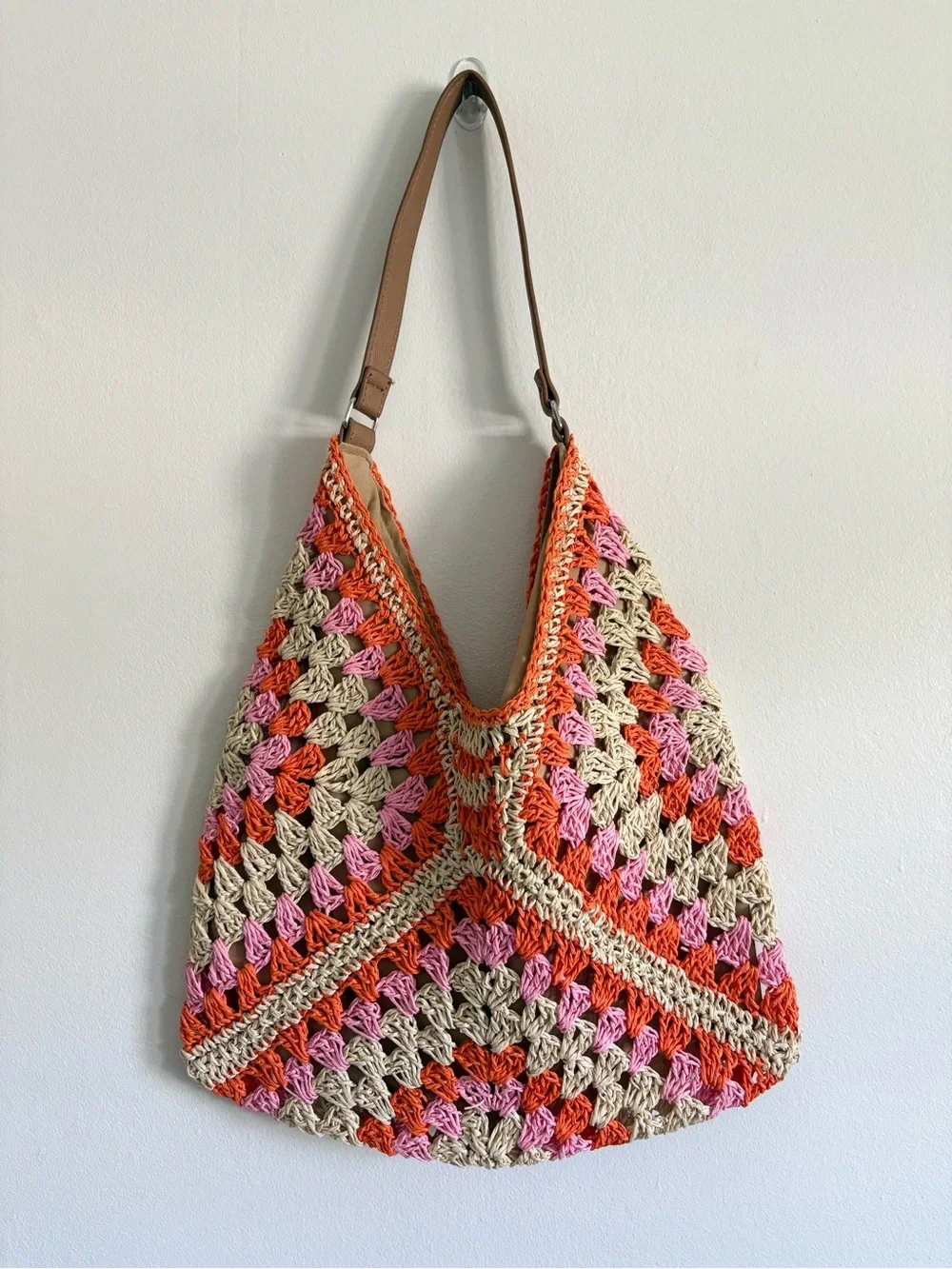Straw Crochet Granny Square Shoulder Bag